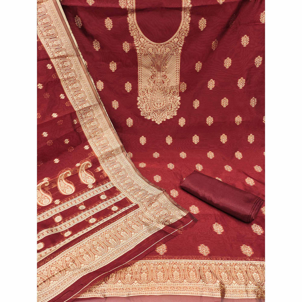 Maroon Zari Floral Jacquard Weaving on Shimmer Silk Dress Material