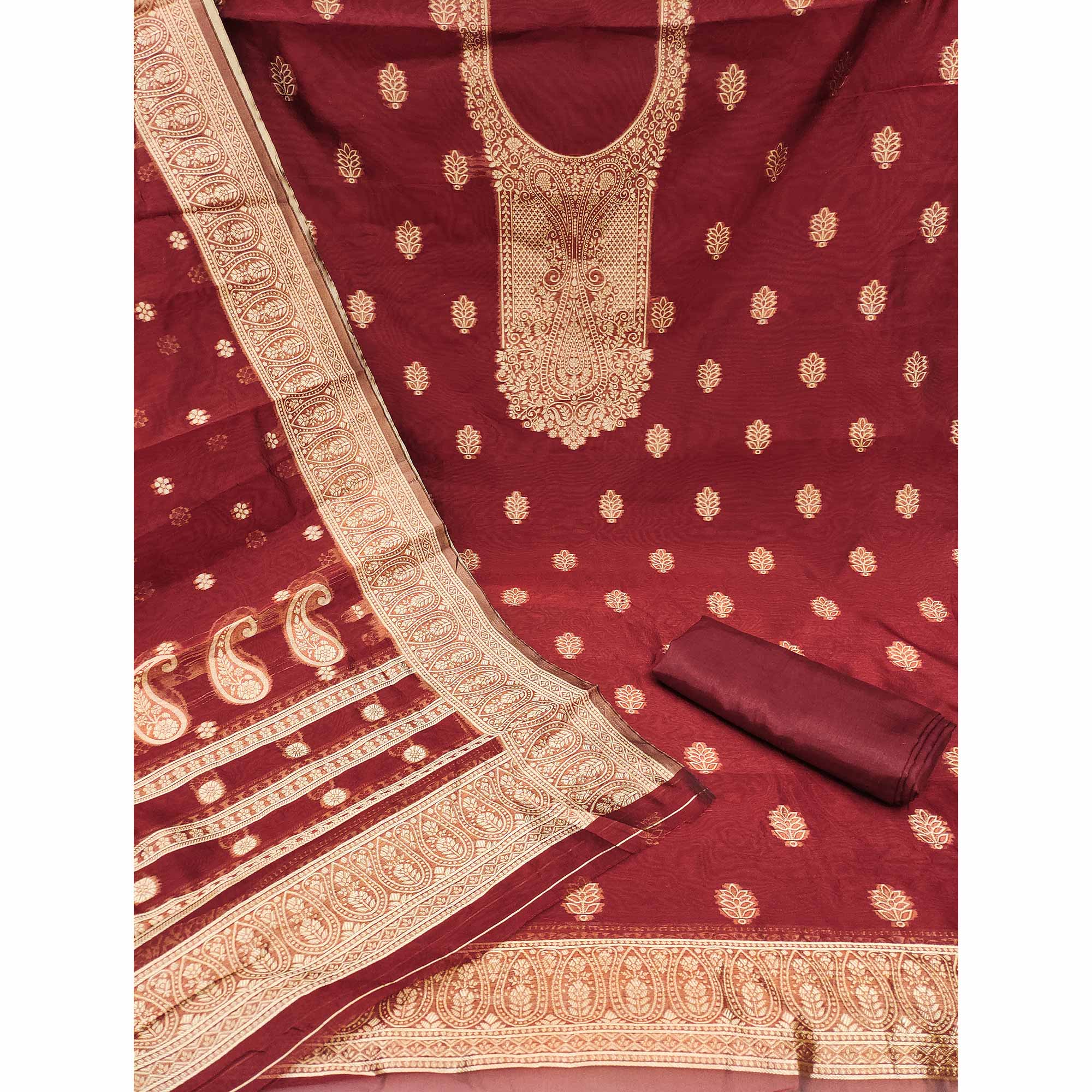 Maroon Zari Floral Jacquard Weaving on Shimmer Silk Dress Material