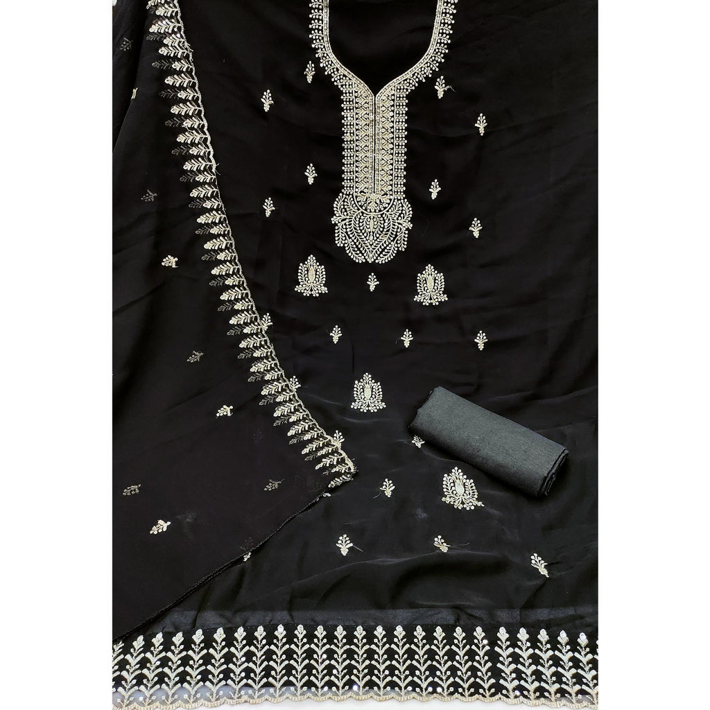 Black Georgette Dress Material Adorned With Floral Zari & Sequin Embroidery