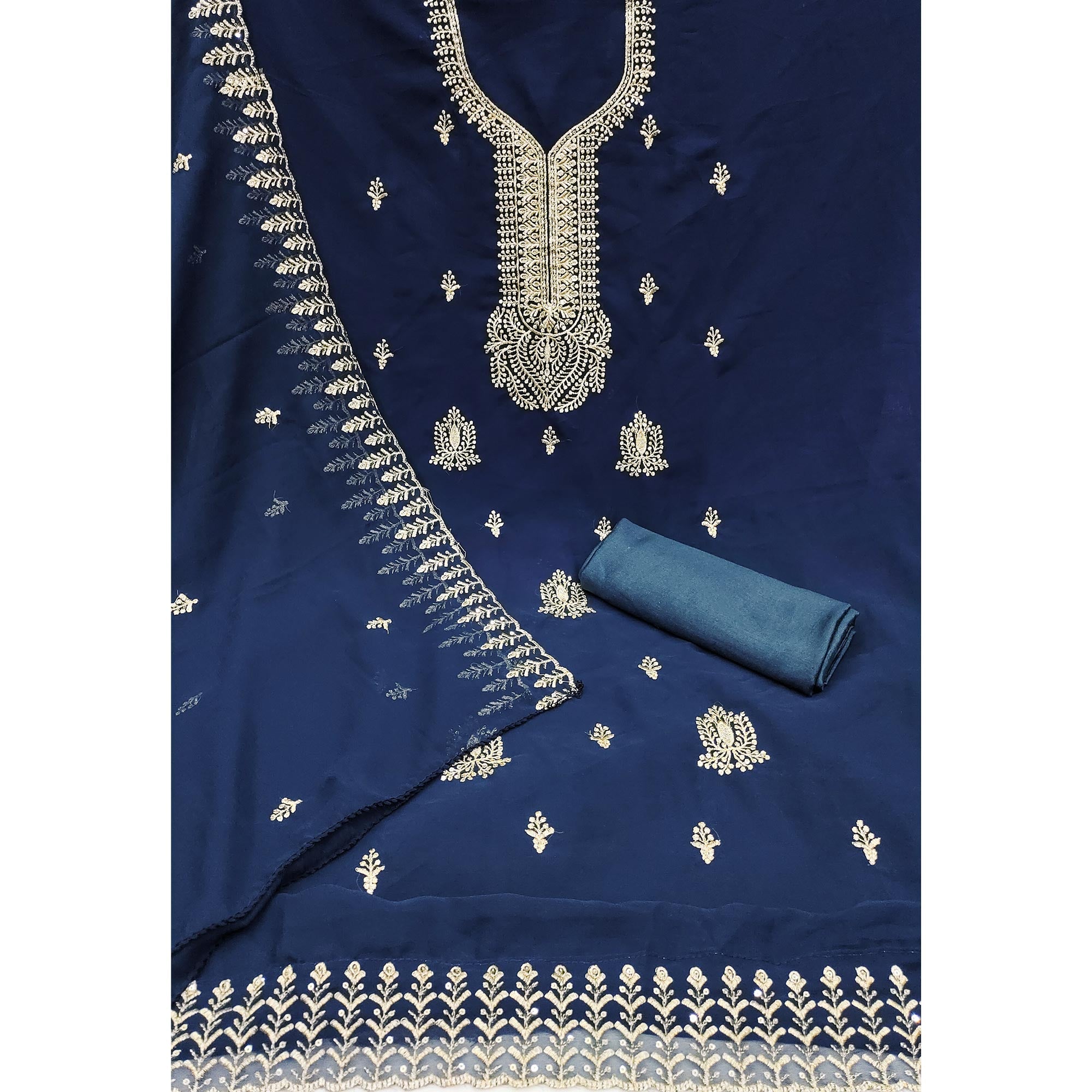 Blue Georgette Dress Material Adorned With Floral Zari & Sequin Embroidery