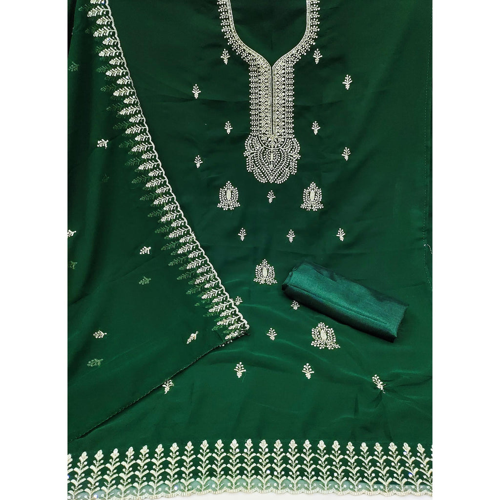 Green Georgette Dress Material Adorned With Floral Zari & Sequin Embroidery