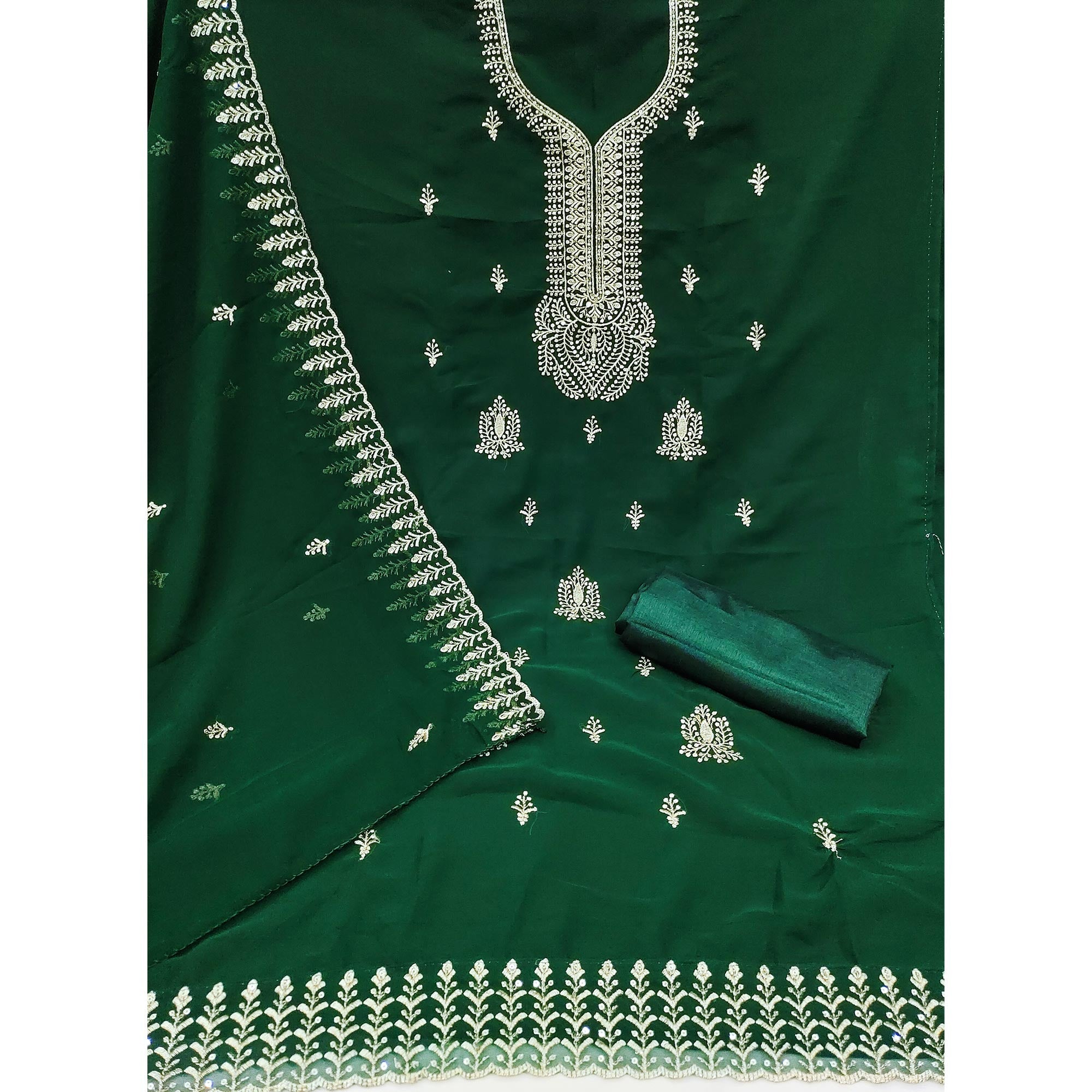 Green Georgette Dress Material Adorned With Floral Zari & Sequin Embroidery