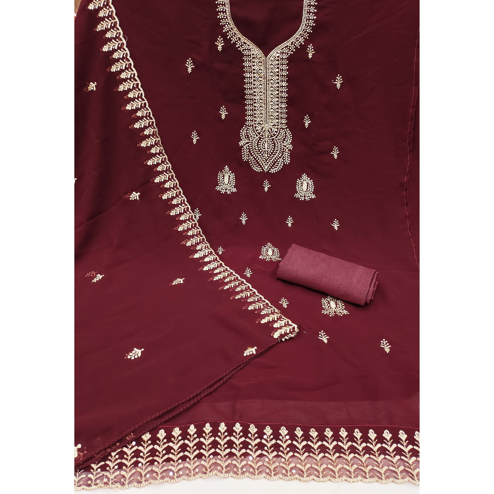 Maroon Georgette Dress Material Adorned With Floral Zari & Sequin Embroidery