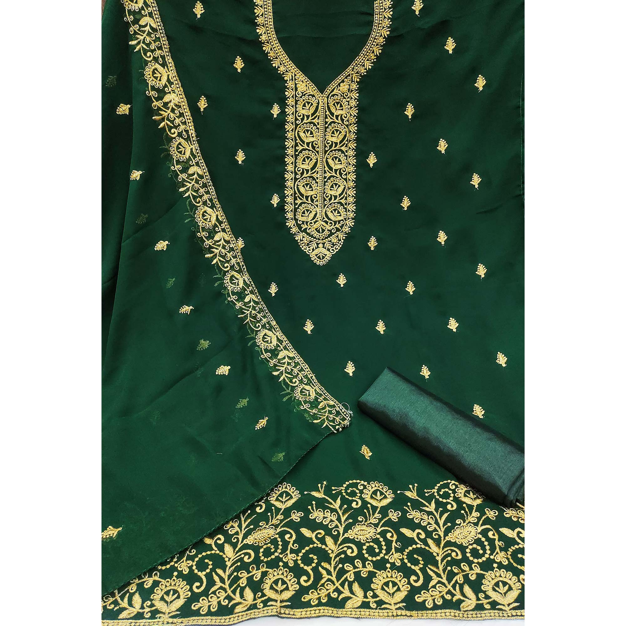 Green Georgette Dress Material With Intricate Floral Zari Embroidery