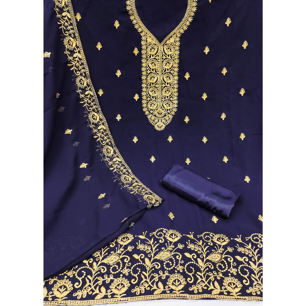 Navy Blue Georgette Dress Material With Intricate Floral Zari Embroidery