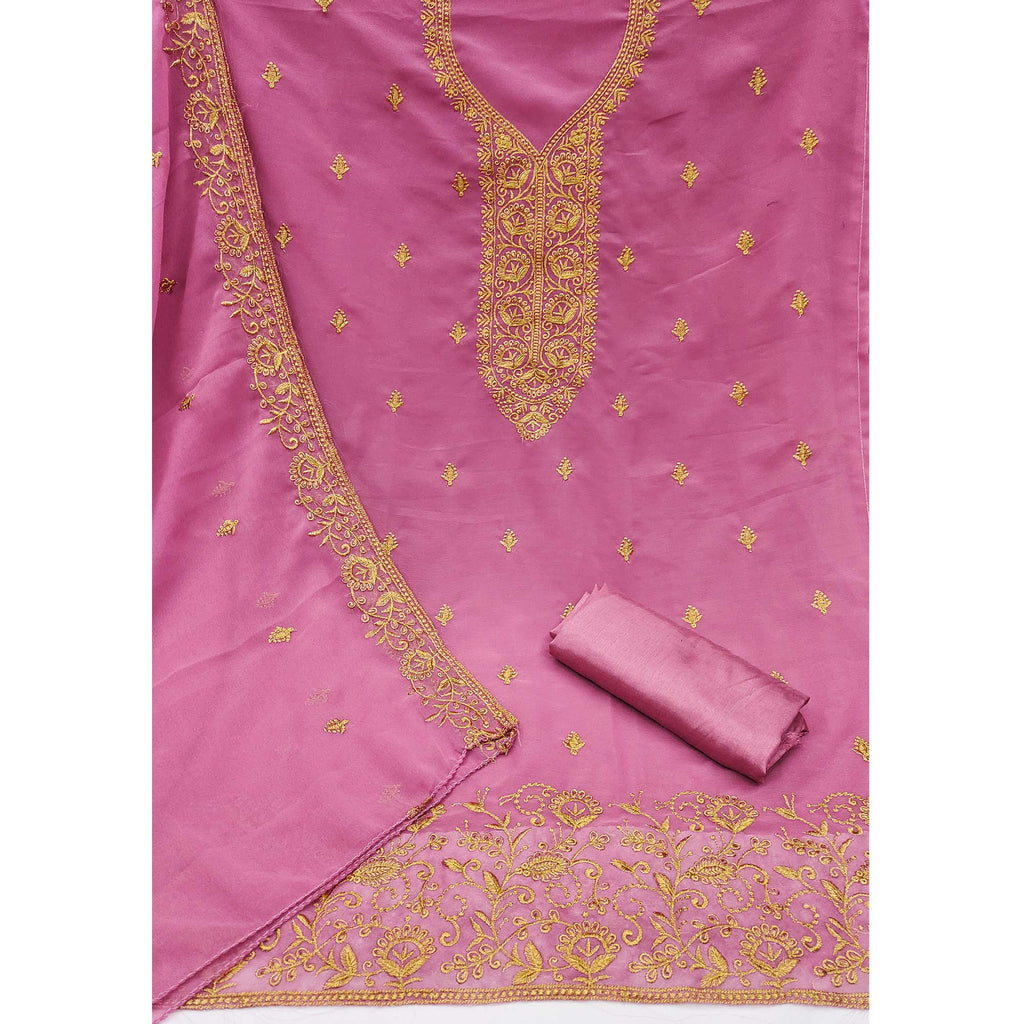 Pink Georgette Dress Material With Intricate Floral Zari Embroidery