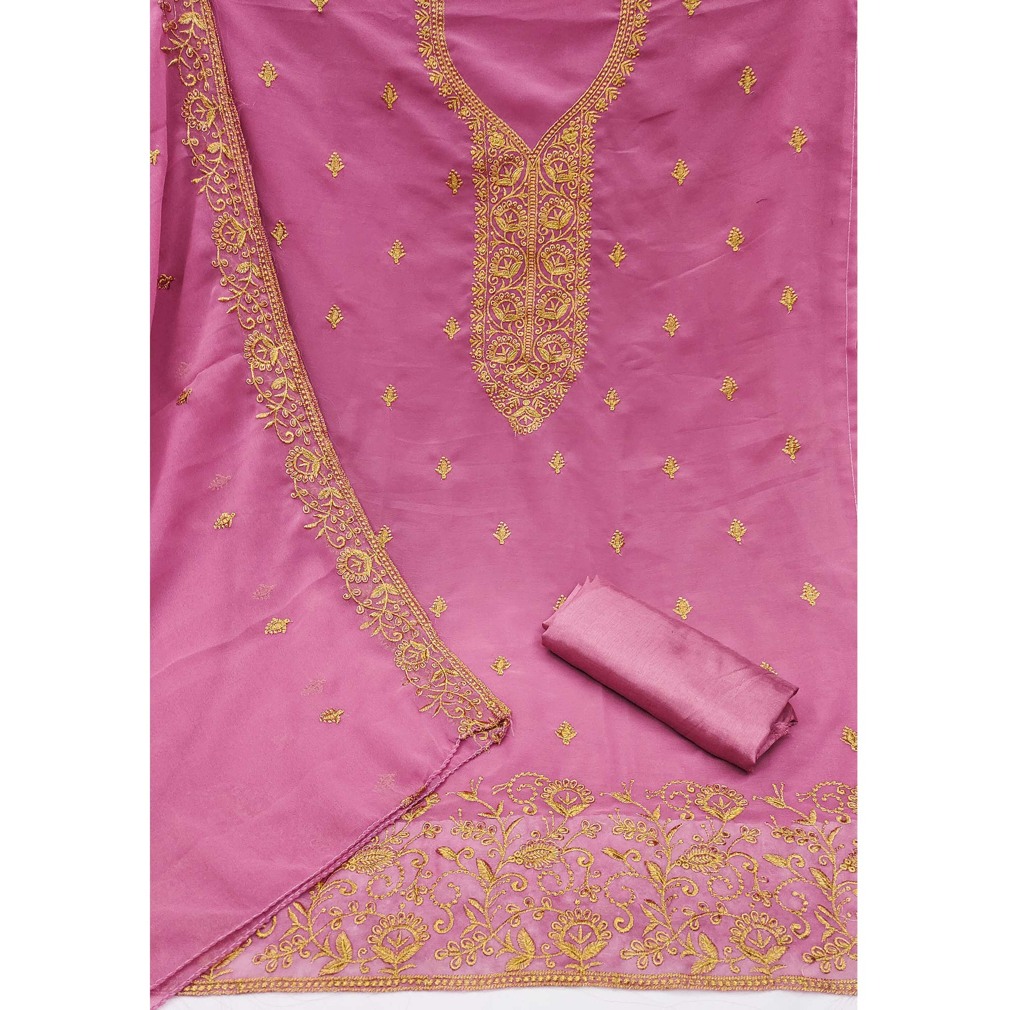 Pink Georgette Dress Material With Intricate Floral Zari Embroidery