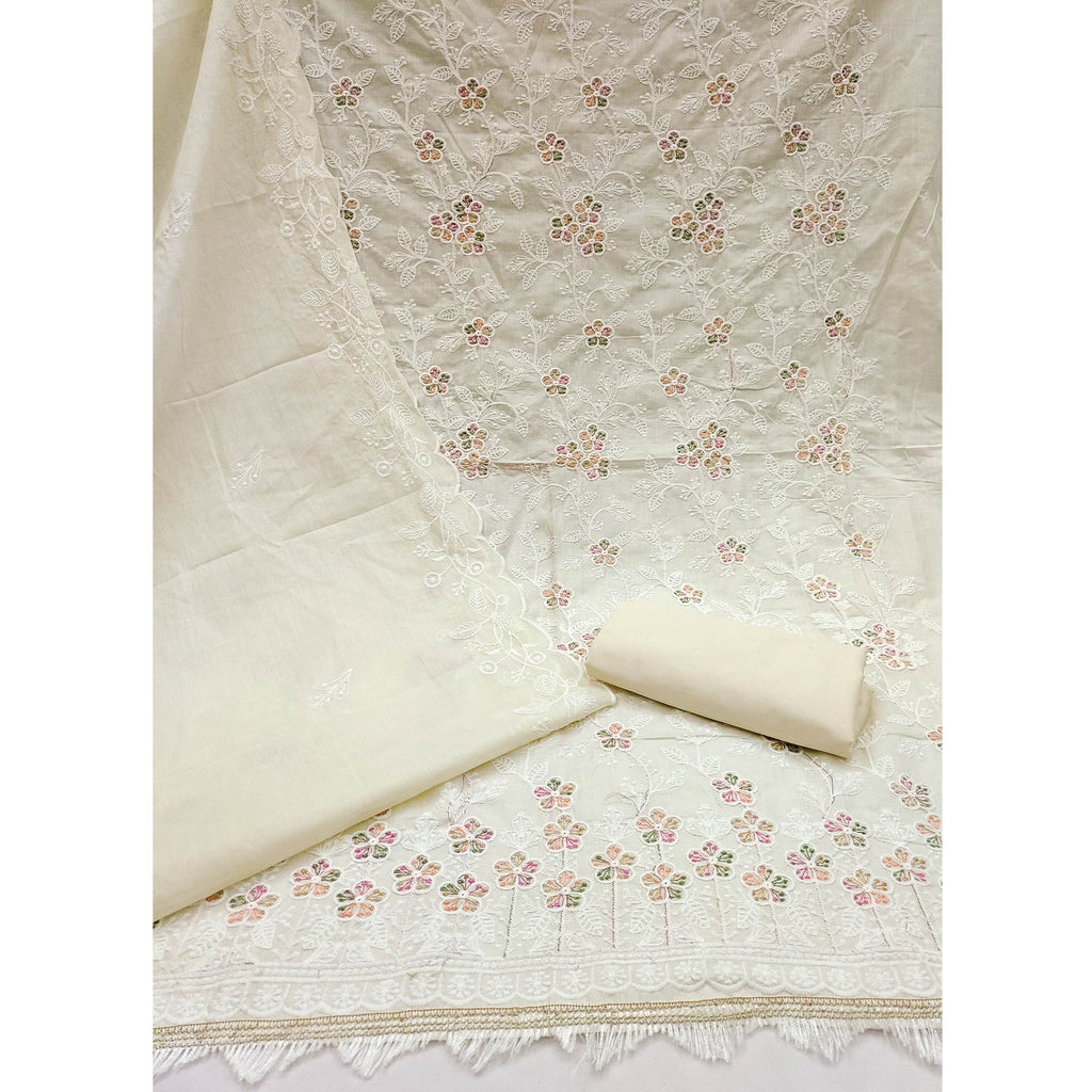 Cream Cotton Blend Dress Material With Delicate Floral Thread Embroidery