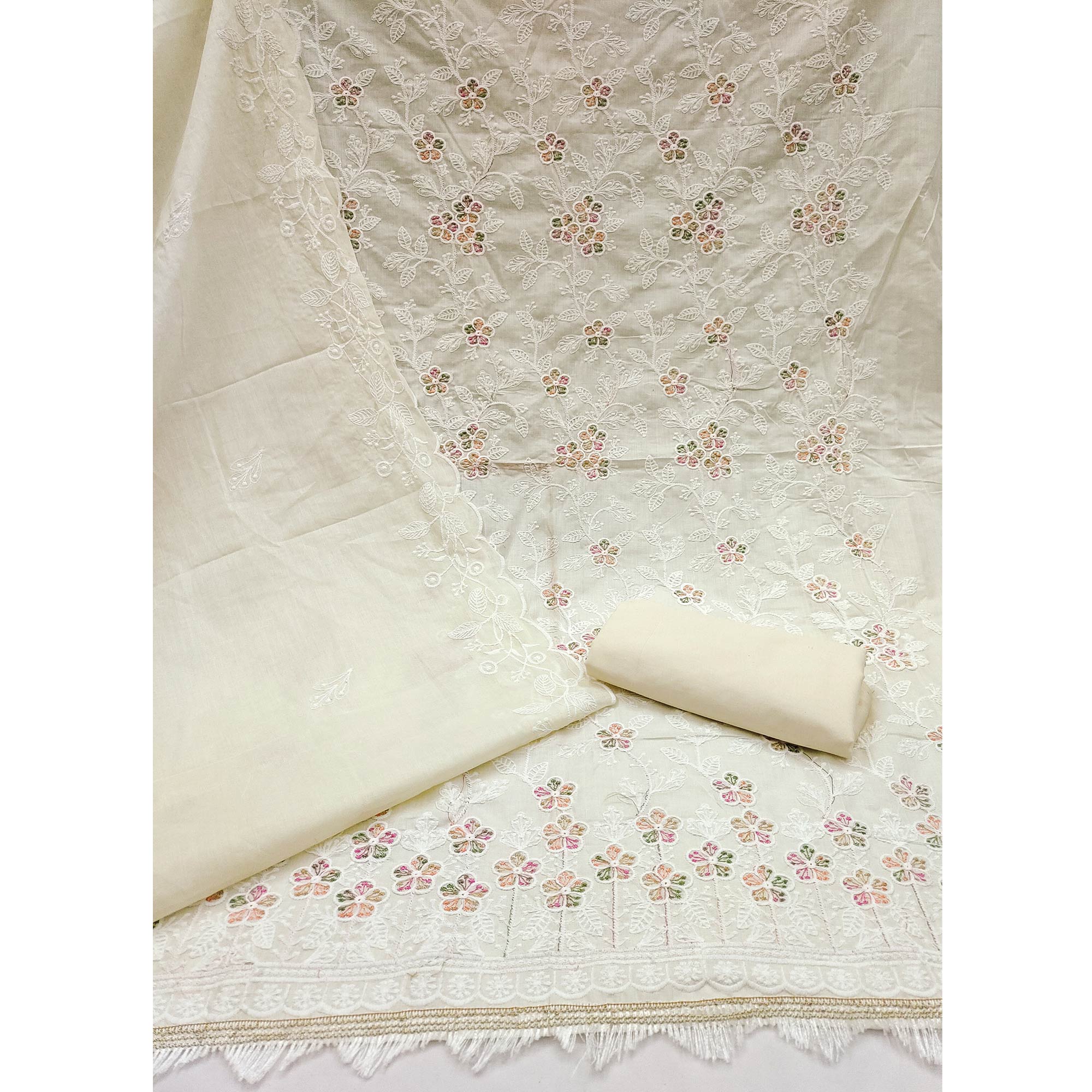 Cream Cotton Blend Dress Material With Delicate Floral Thread Embroidery