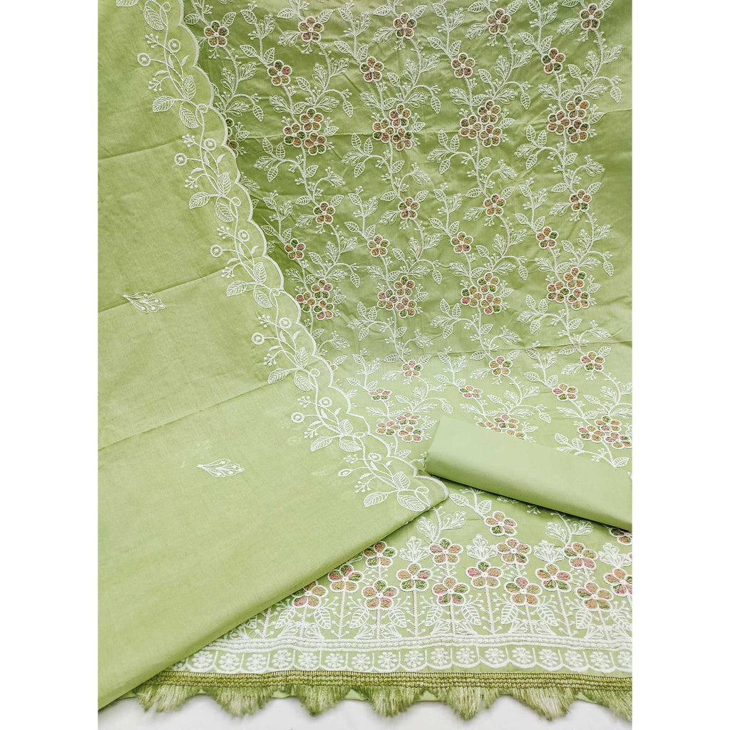 Green Cotton Blend Dress Material With Delicate Floral Thread Embroidery