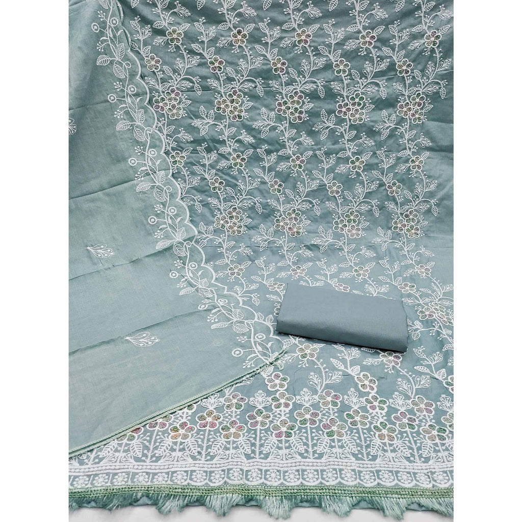 Grey Cotton Blend Dress Material With Delicate Floral Thread Embroidery