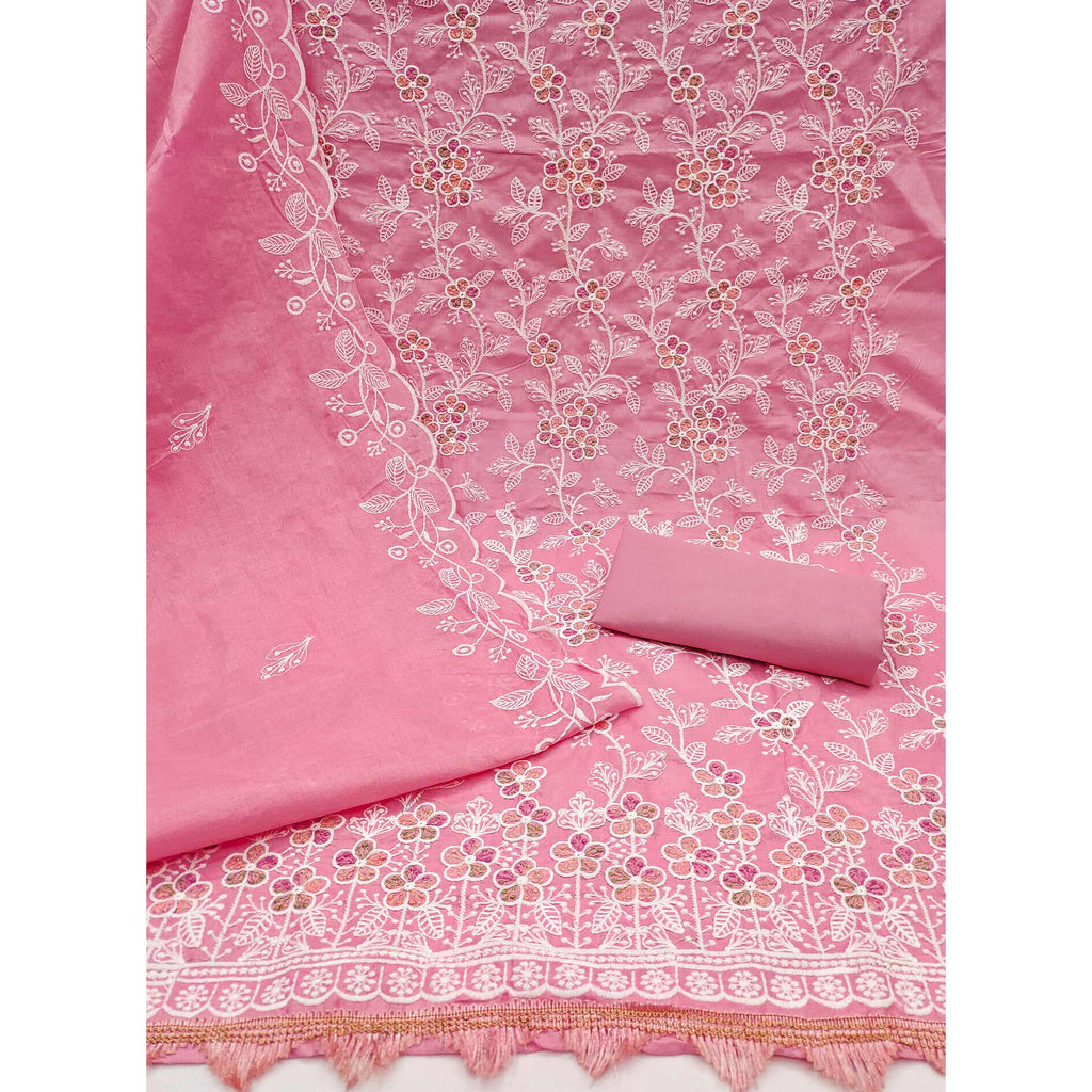 Pink Cotton Blend Dress Material With Delicate Floral Thread Embroidery