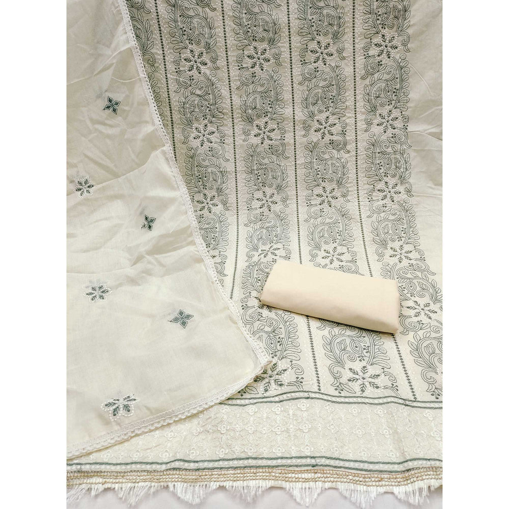 Cream Cotton Blend Dress Material With Intricate Floral Thread Embroidery Work
