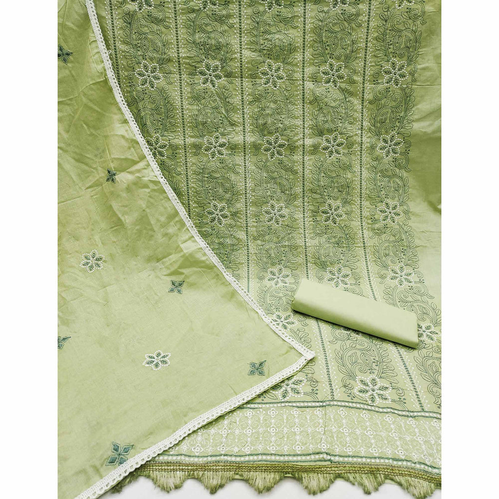 Green Cotton Blend Dress Material With Intricate Floral Thread Embroidery Work