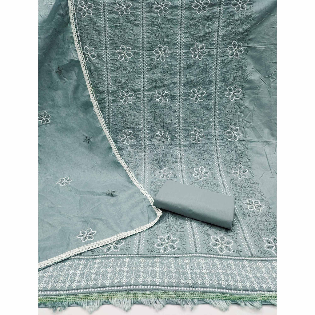 Grey Cotton Blend Dress Material With Intricate Floral Thread Embroidery Work