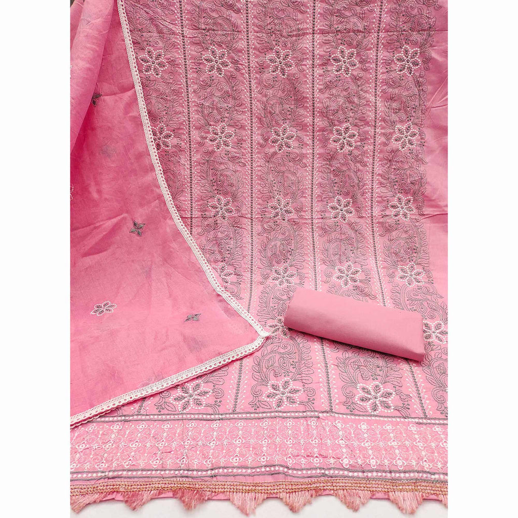 Pink Cotton Blend Dress Material With Intricate Floral Thread Embroidery Work