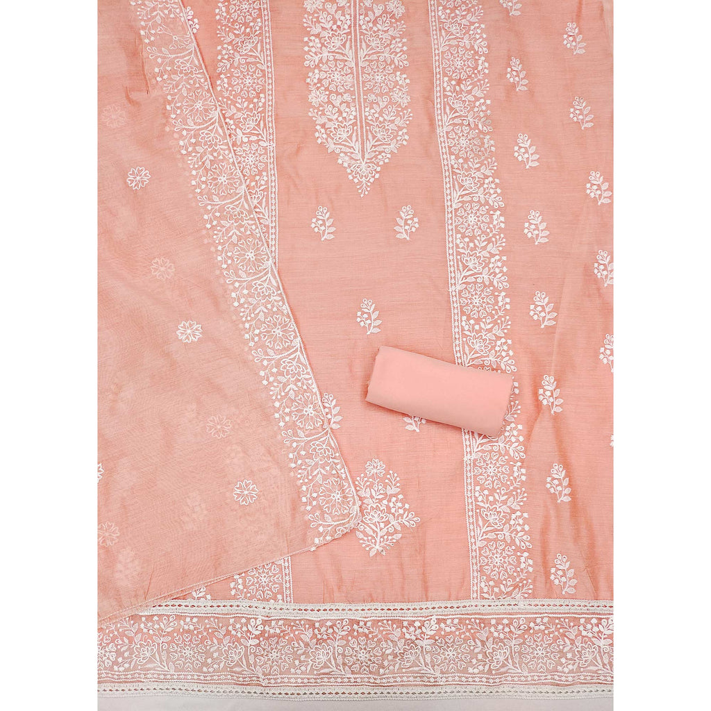 Peach Floral Embroidered Chanderi Silk Dress Material For Graceful Styling