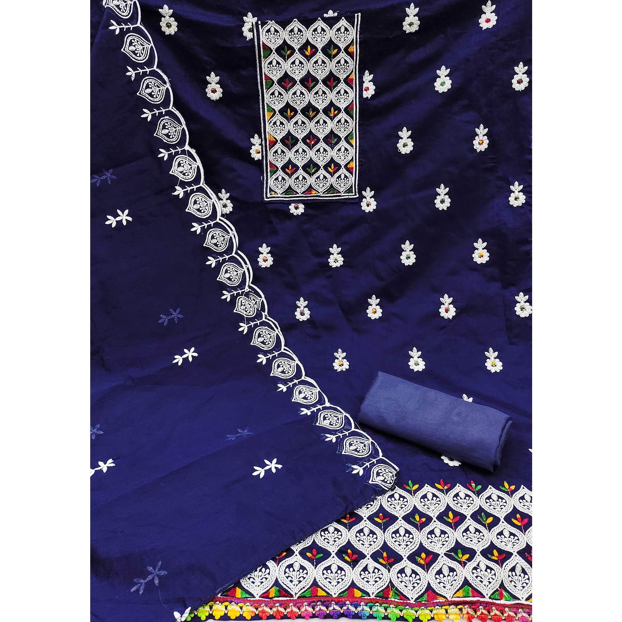 Navy Blue Chanderi Cotton Suit Material with Graceful Embroidery
