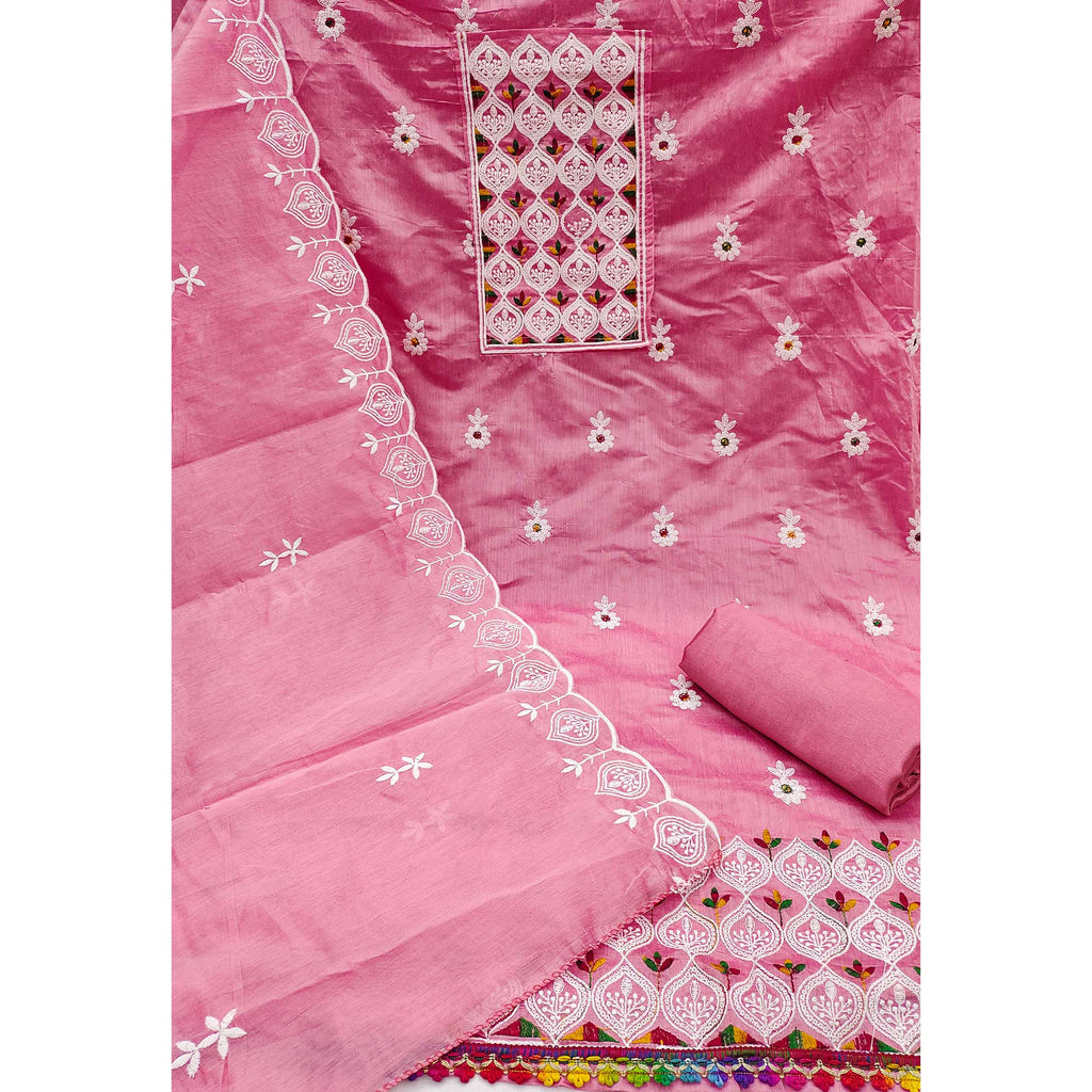 Pink Chanderi Cotton Suit Material with Graceful Embroidery