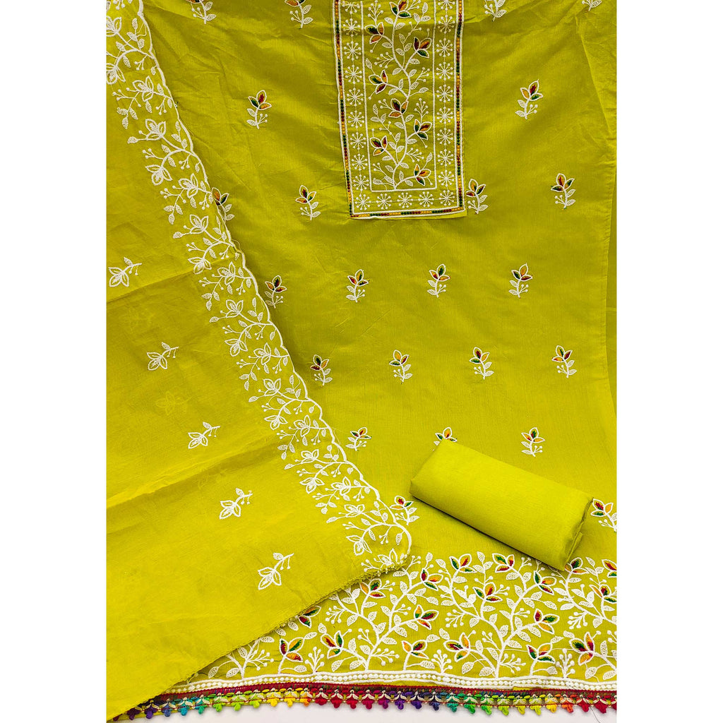 Parrot Green Embroidered Floral Chanderi Cotton Material for Elegant Dressing