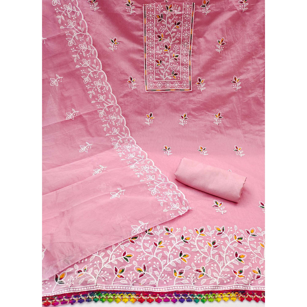 Pink Embroidered Floral Chanderi Cotton Material for Elegant Dressing