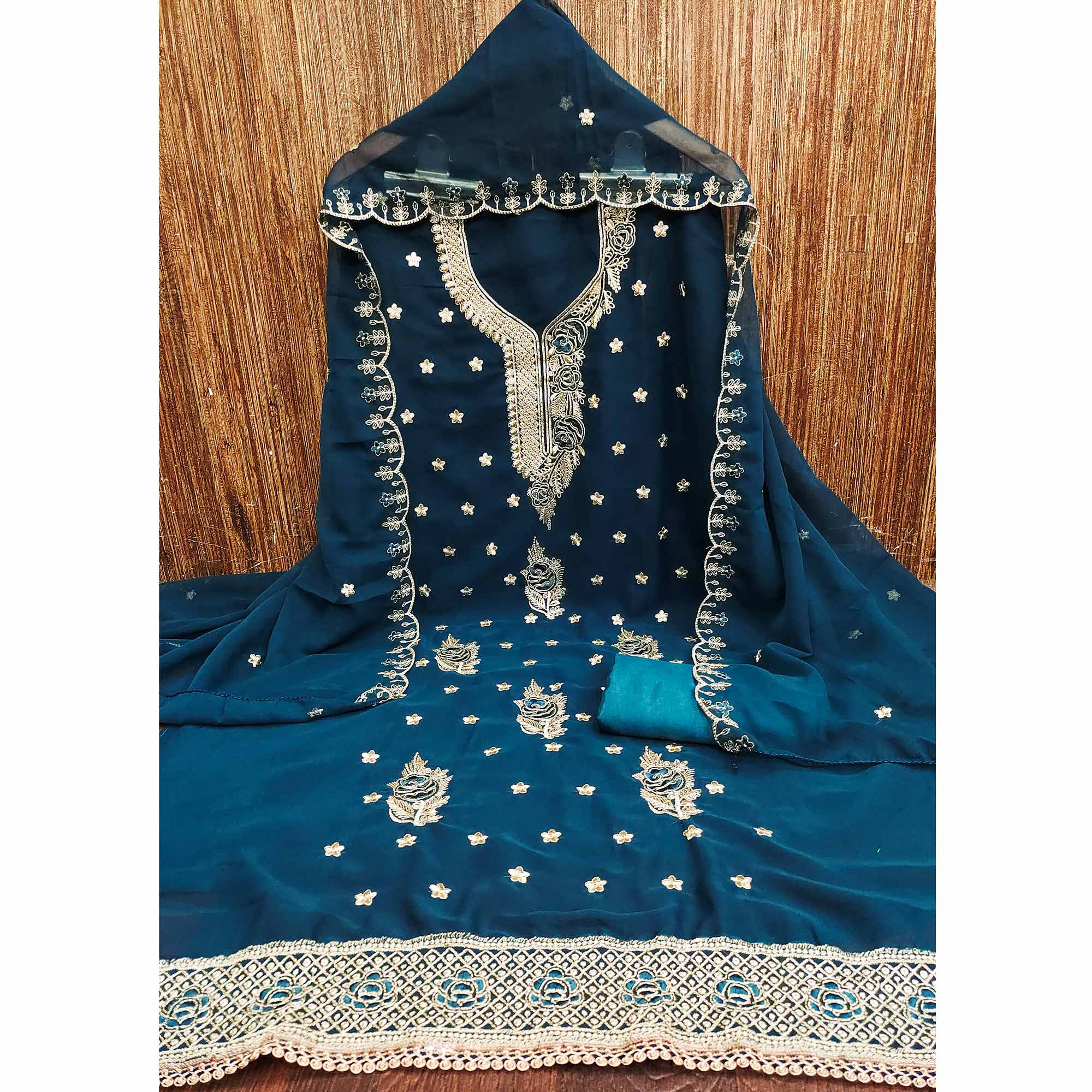 Blue Dress Material Featuring Delicate Floral Thread & Zari Embroidery Work On Georgette