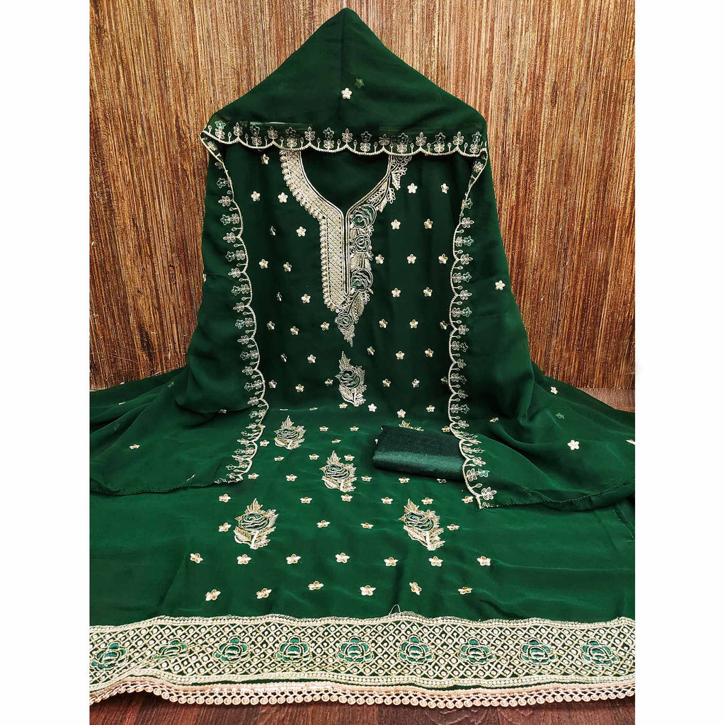 Bottle Green Dress Material Featuring Delicate Floral Thread & Zari Embroidery Work On Georgette