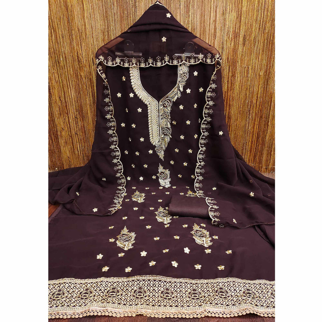 Brown Dress Material Featuring Delicate Floral Thread & Zari Embroidery Work On Georgette