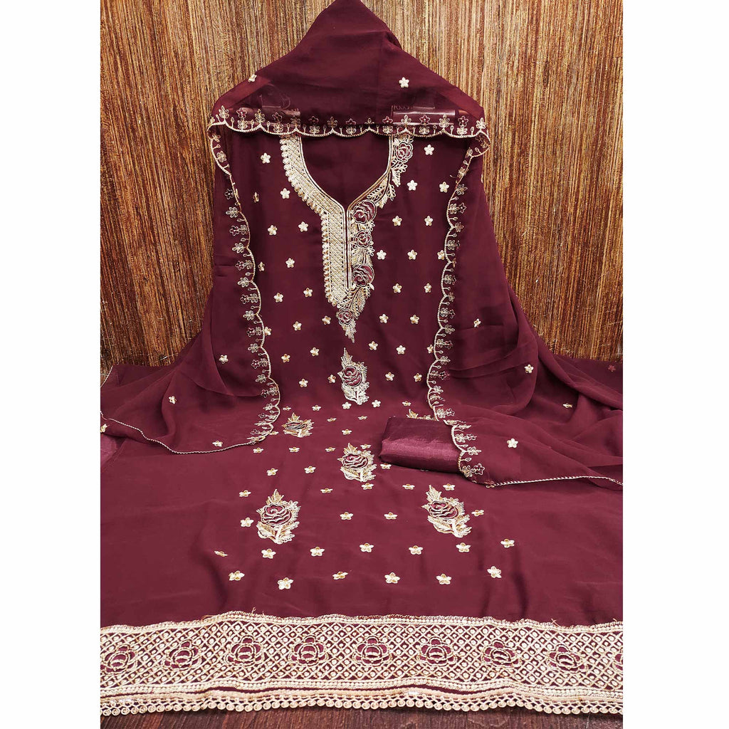 Maroon Dress Material Featuring Delicate Floral Thread & Zari Embroidery Work On Georgette