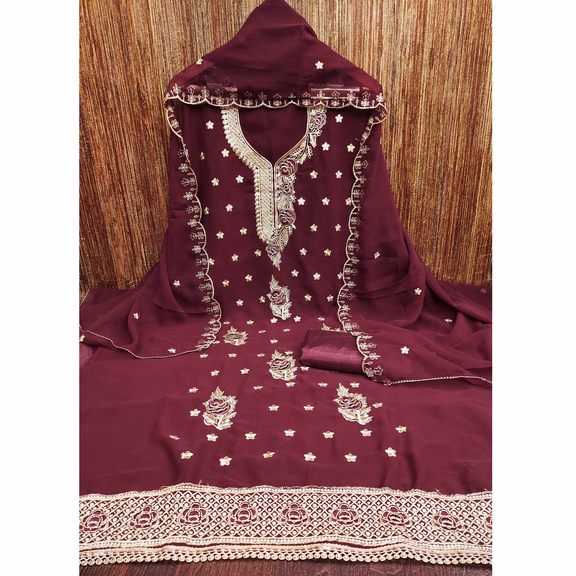 Maroon Dress Material Featuring Delicate Floral Thread & Zari Embroidery Work On Georgette