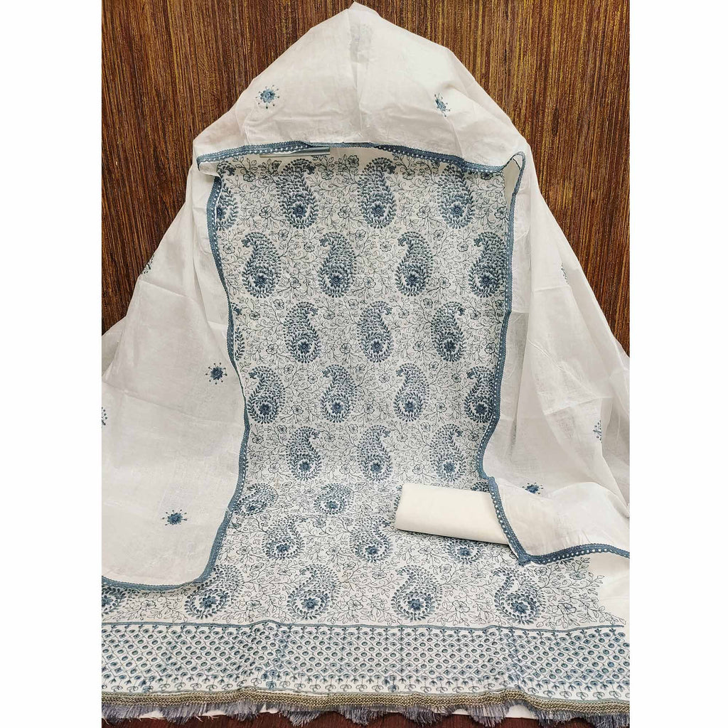 Cream Dress Material In Cotton Blend With Graceful Floral Thread Embroidery