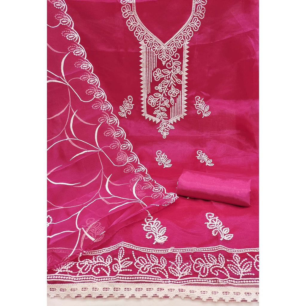 Pink Organza Dress Material With Alluring Thread Floral Embroidery