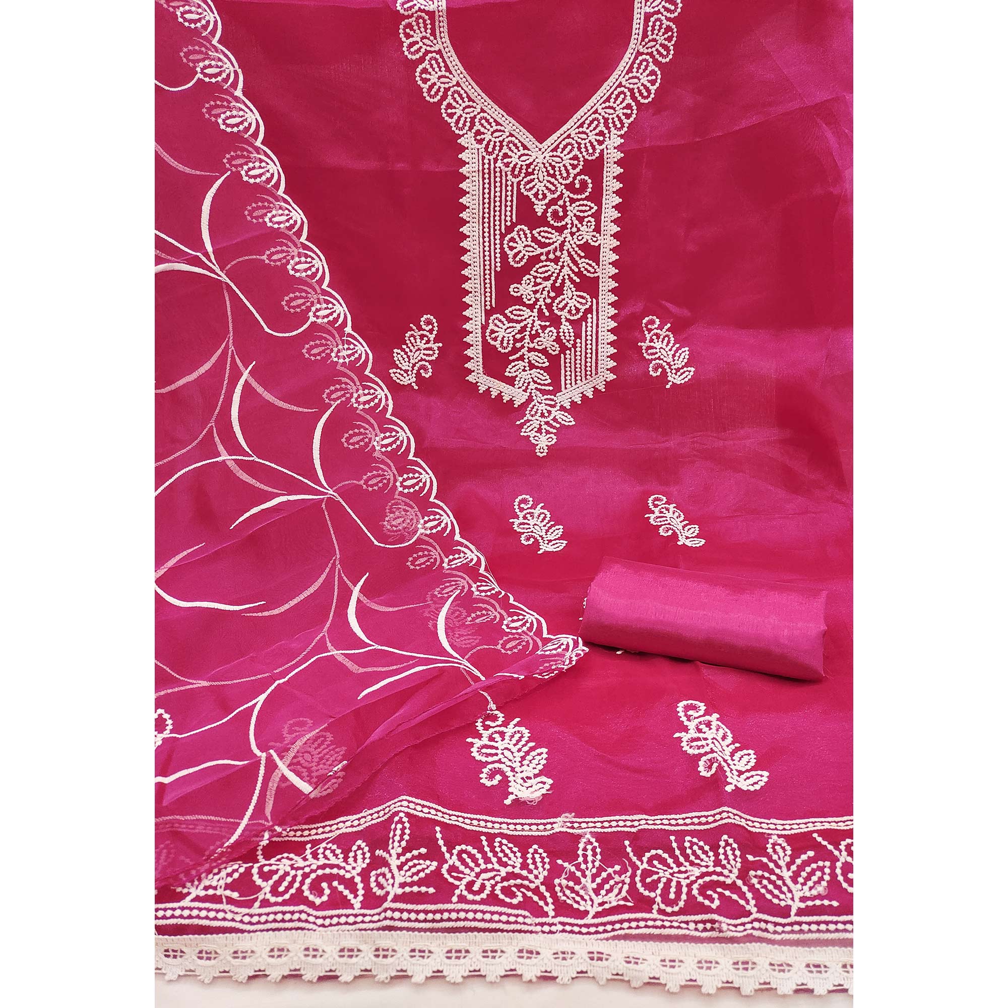 Pink Organza Dress Material With Alluring Thread Floral Embroidery