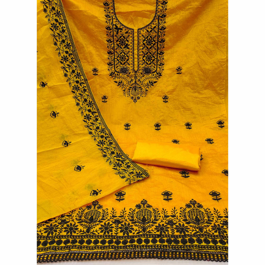 Festive Mustard Floral Embroidered Dress Material in Sheer Chanderi Silk