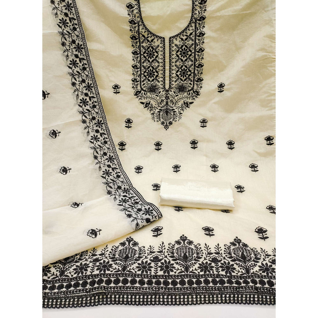 Festive Off White Floral Embroidered Dress Material in Sheer Chanderi Silk