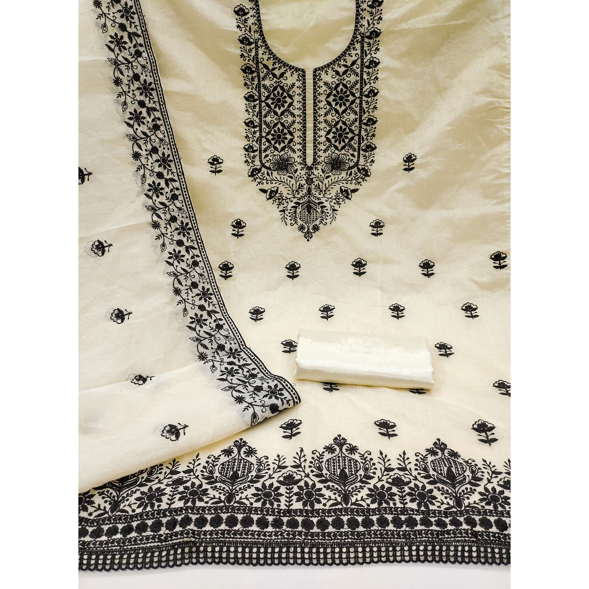 Festive Off White Floral Embroidered Dress Material in Sheer Chanderi Silk