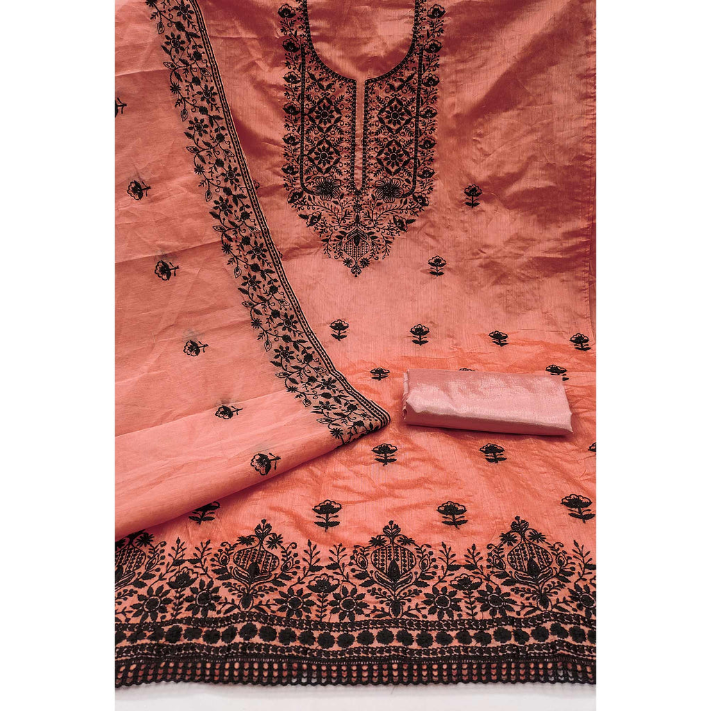 Festive Peach Floral Embroidered Dress Material in Sheer Chanderi Silk
