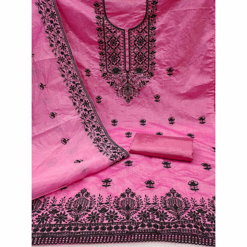 Festive Pink Floral Embroidered Dress Material in Sheer Chanderi Silk