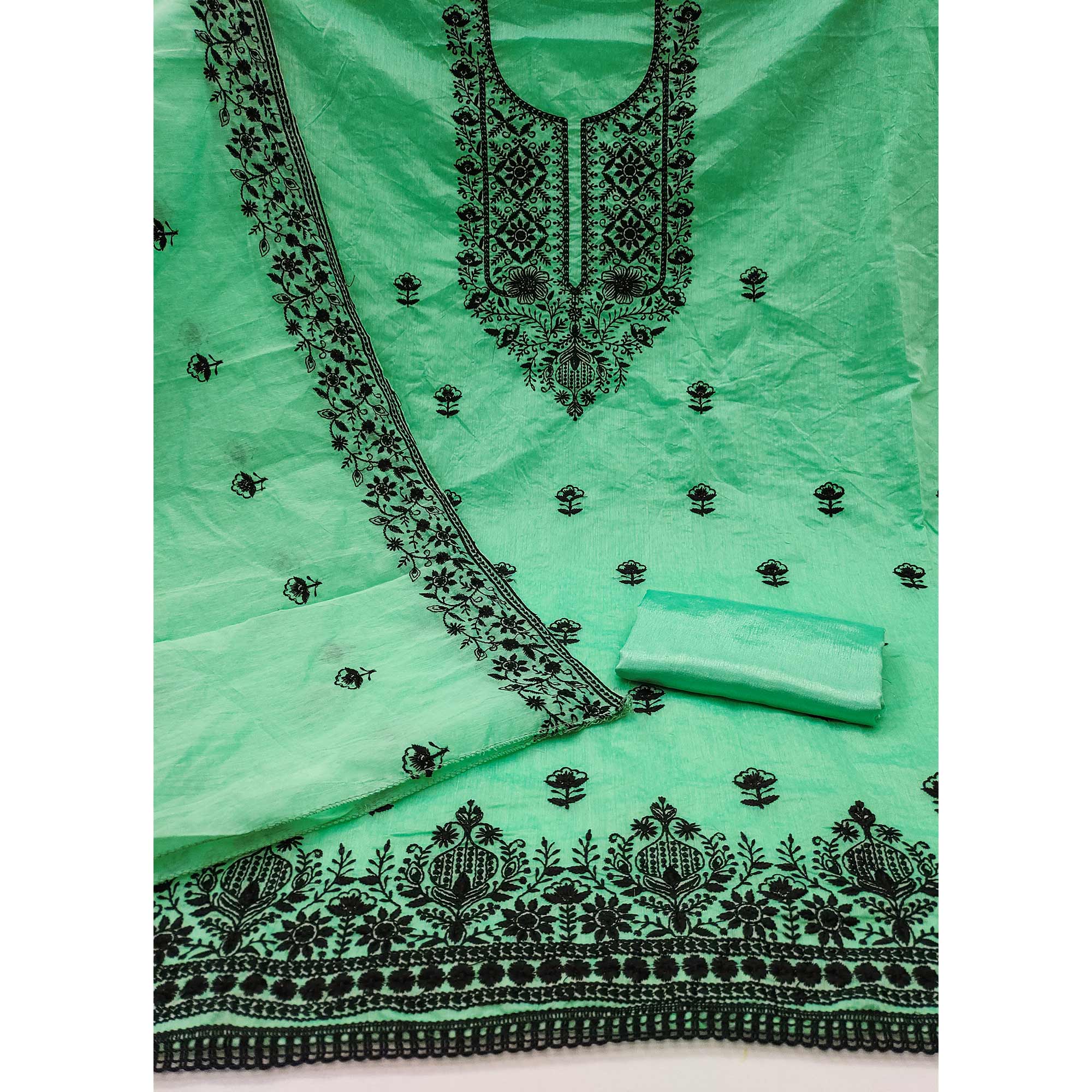 Festive Sea Green Floral Embroidered Dress Material in Sheer Chanderi Silk