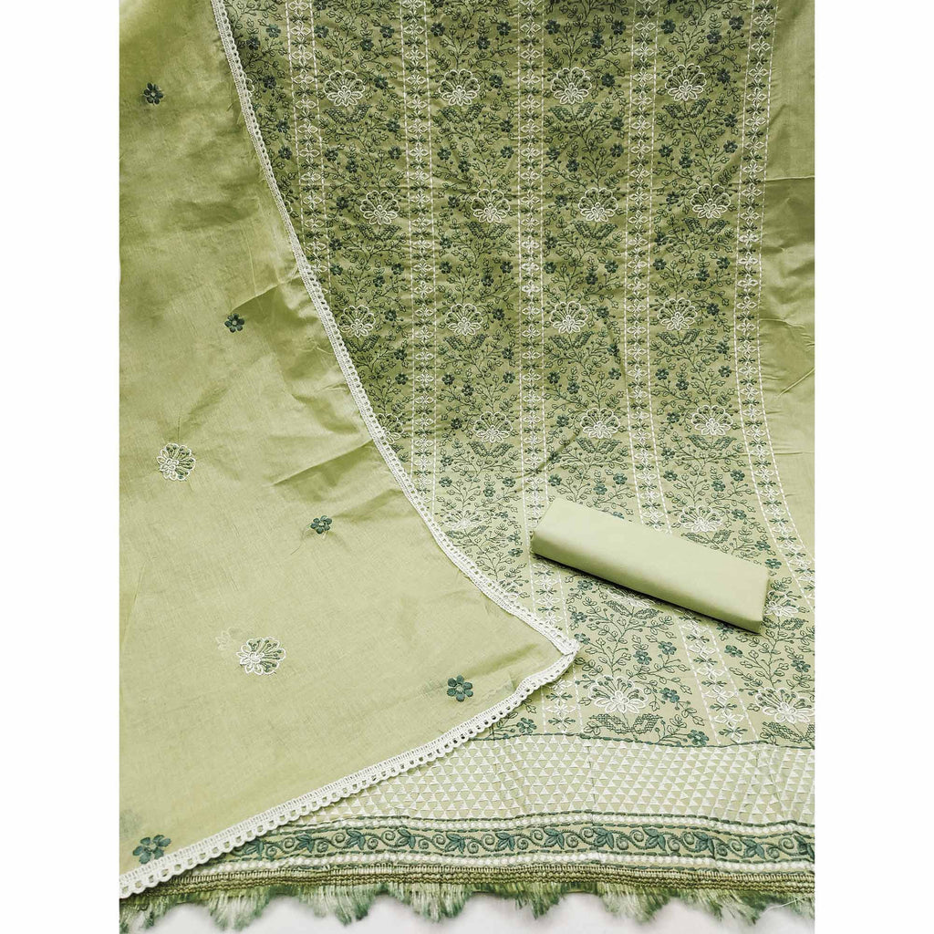 Green Floral Embroidery Cotton Fabric for Ethnic Wear and Everyday Grace