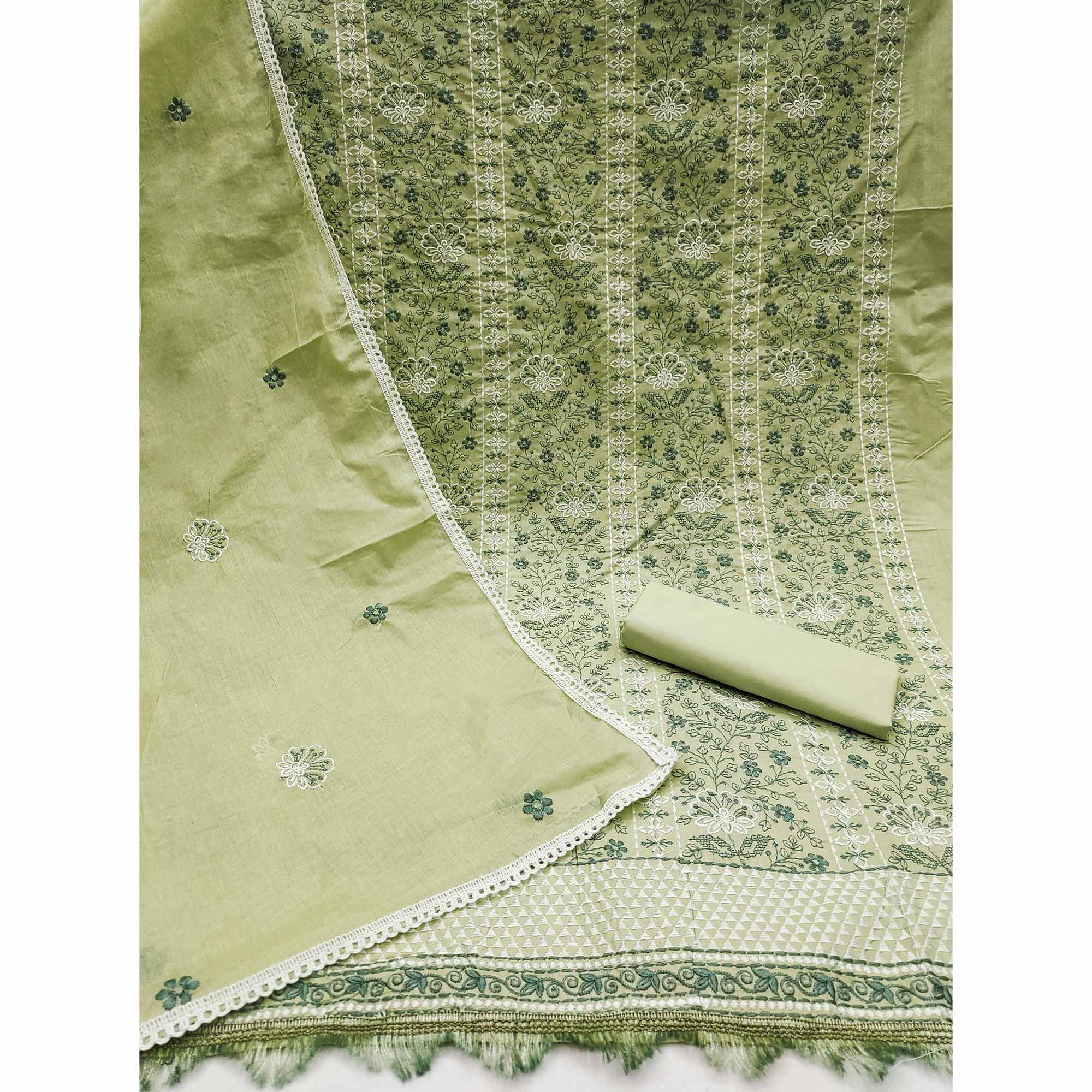 Green Floral Embroidery Cotton Fabric for Ethnic Wear and Everyday Grace