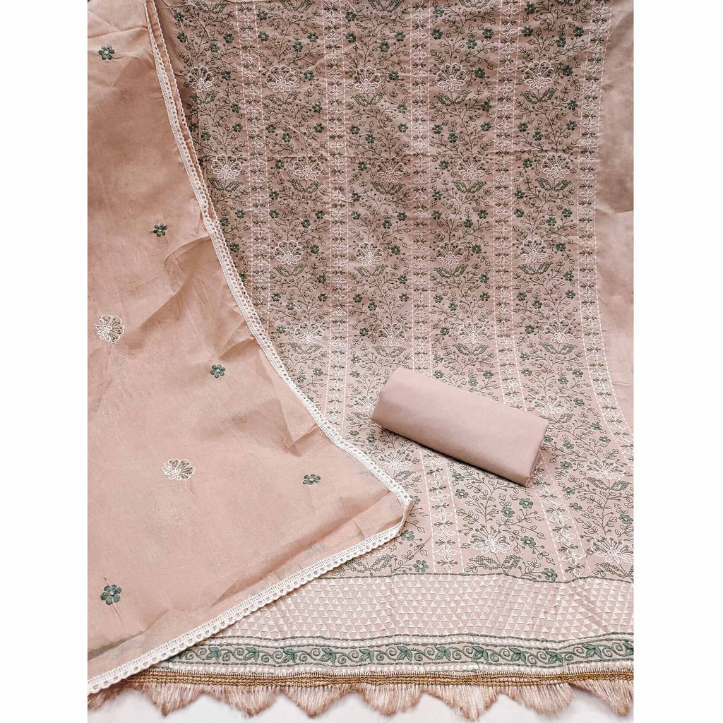 Peach Floral Embroidery Cotton Fabric for Ethnic Wear and Everyday Grace