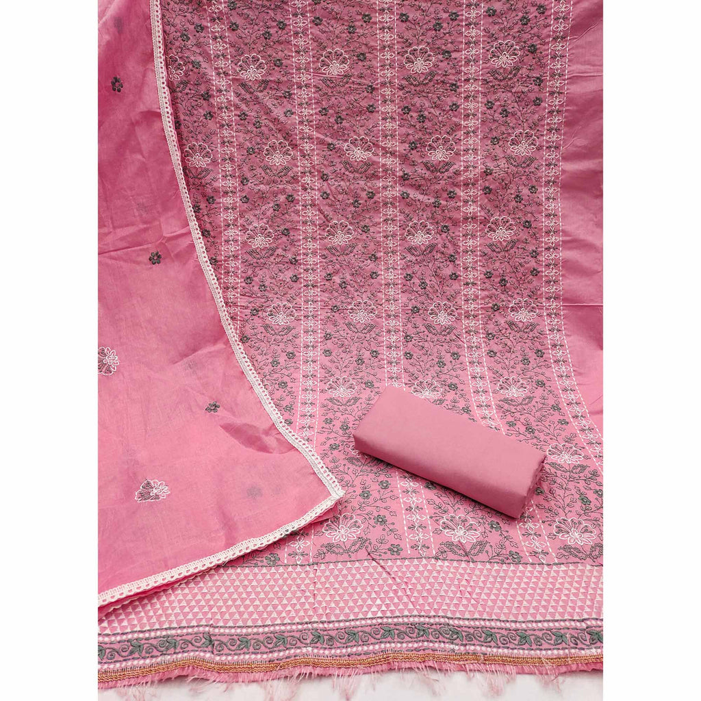 Pink Floral Embroidery Cotton Fabric for Ethnic Wear and Everyday Grace