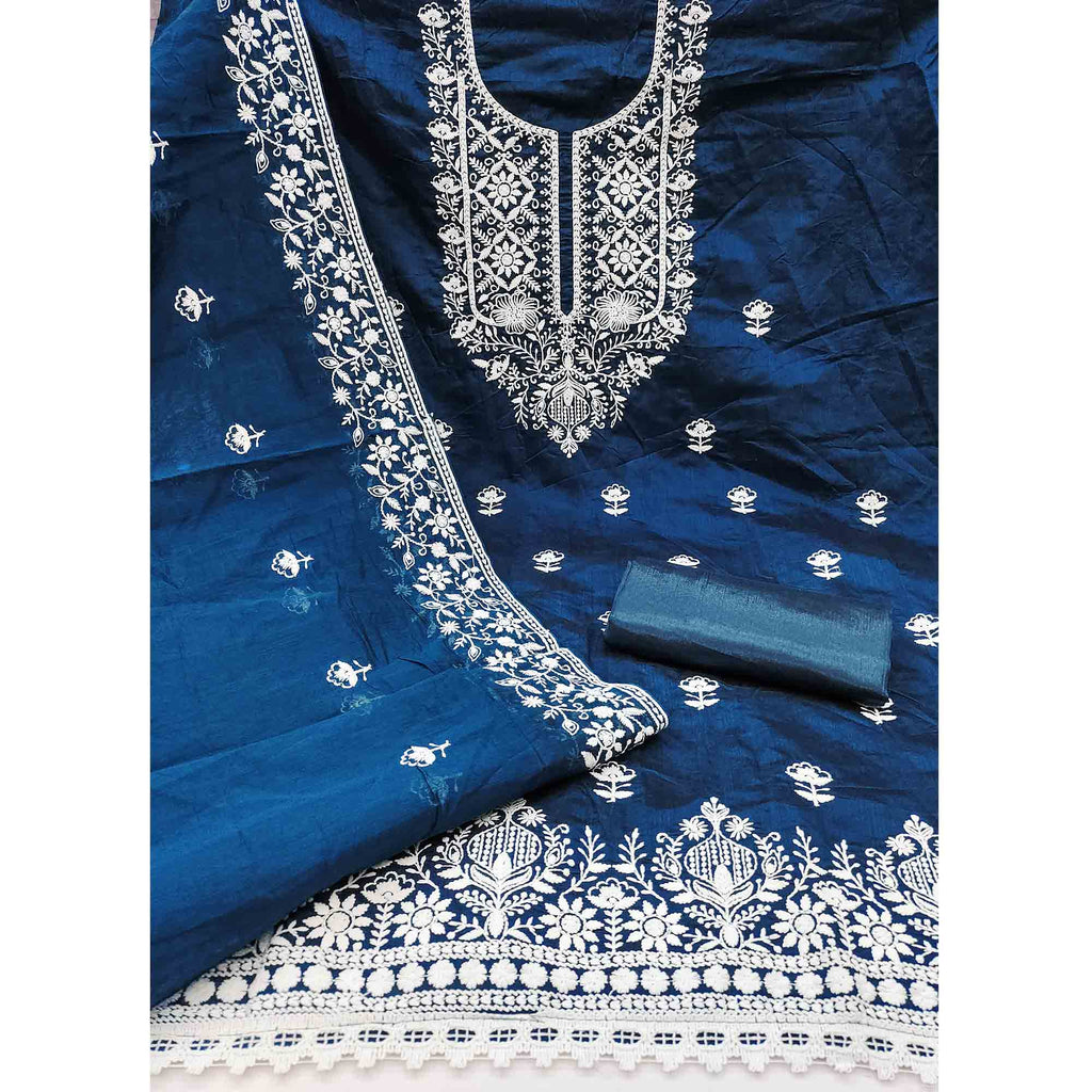 Blue Chanderi Silk Dress Material Enhanced with Delicate Floral Thread Embroidery