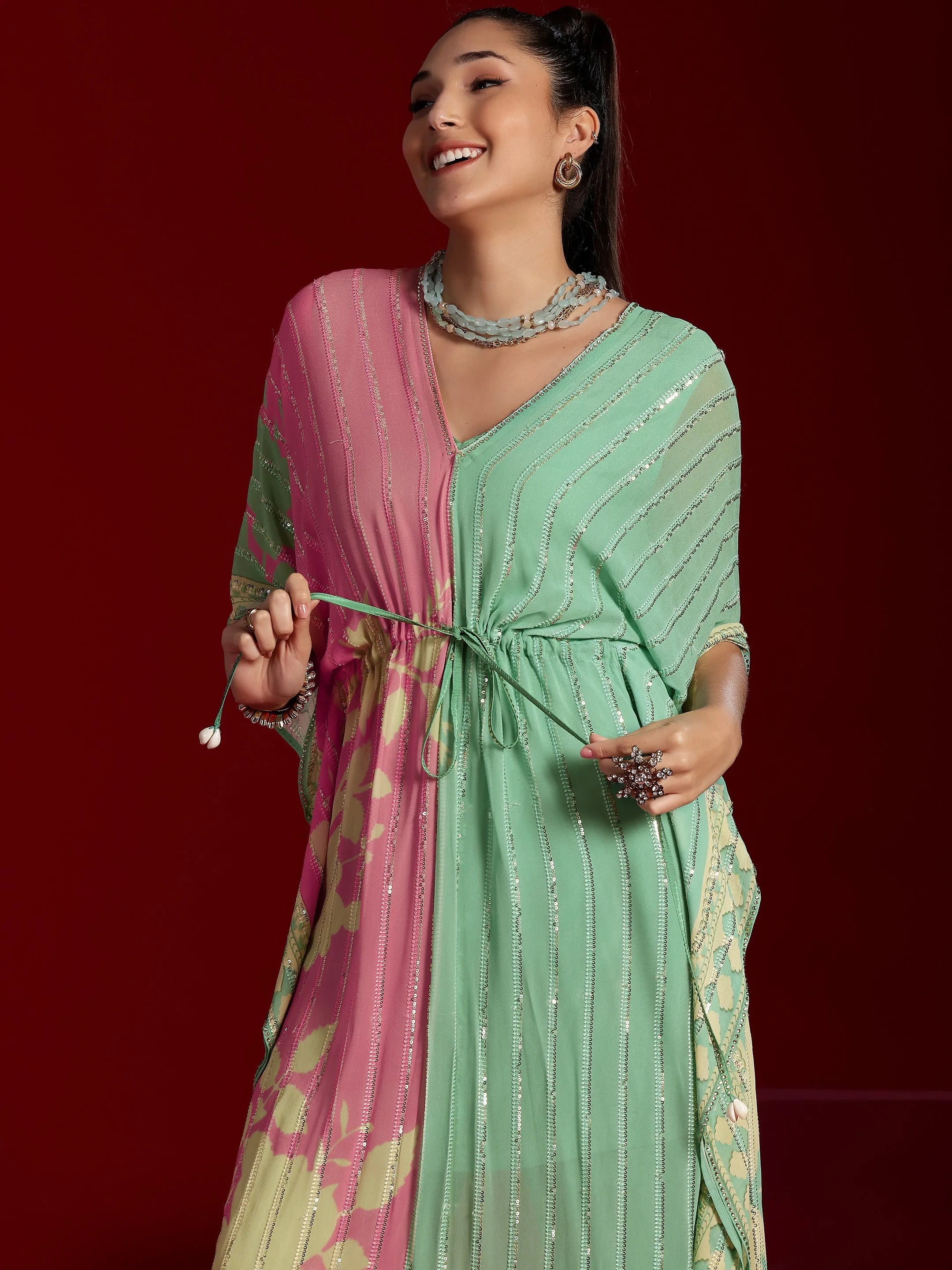 Libas Art Sea Green Printed Poly Georgette 3 Piece Co-Ords