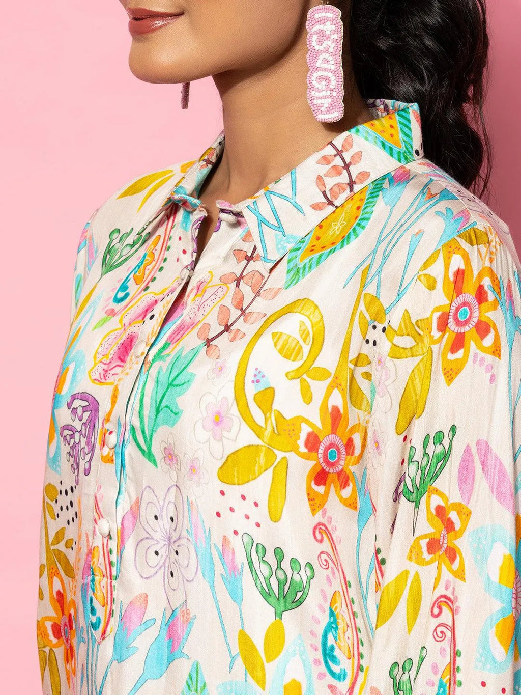 Cream Printed Silk Blend Co-Ords