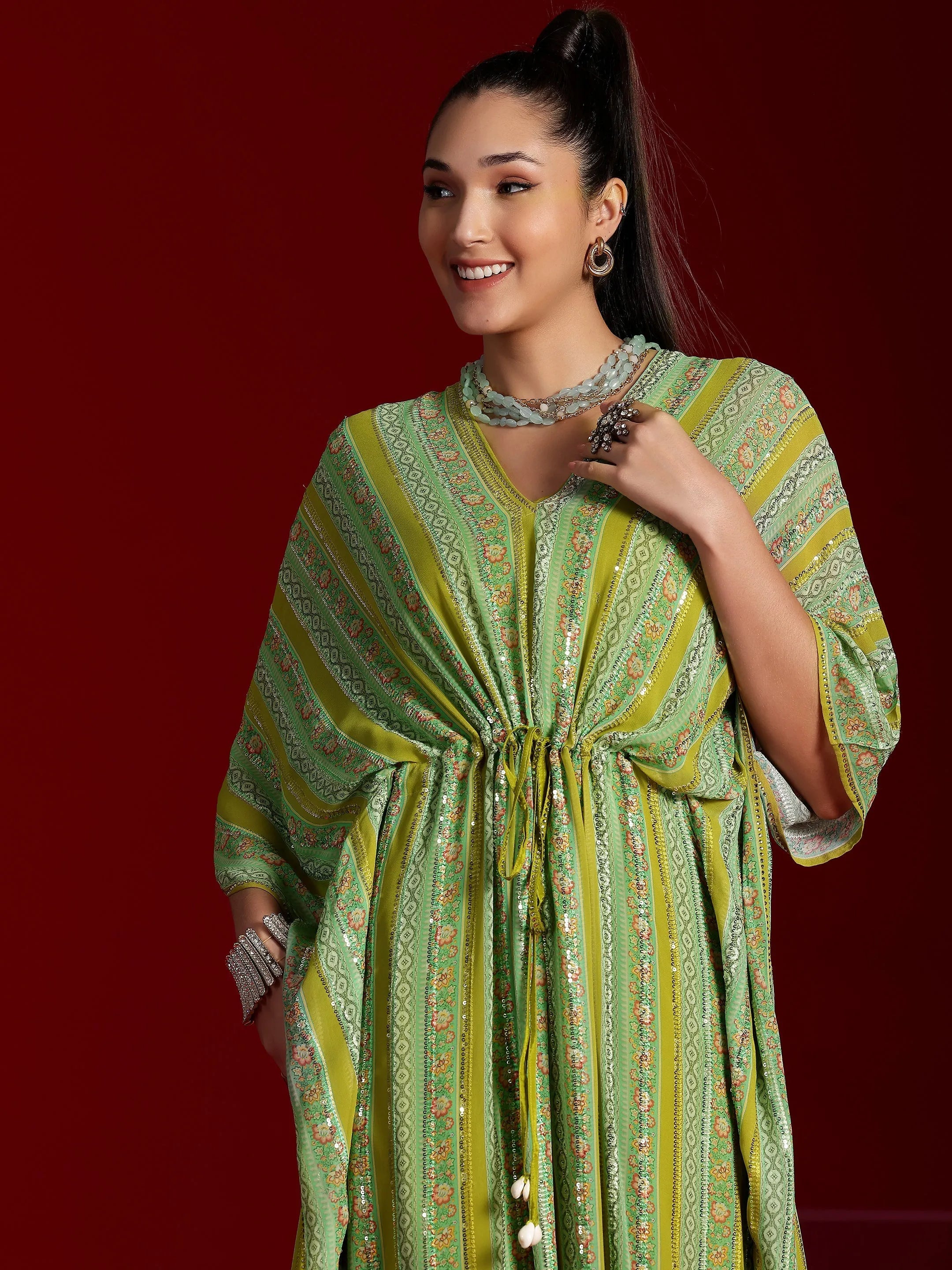 Libas Art Green Printed Poly Georgette 3 Piece Co-Ords