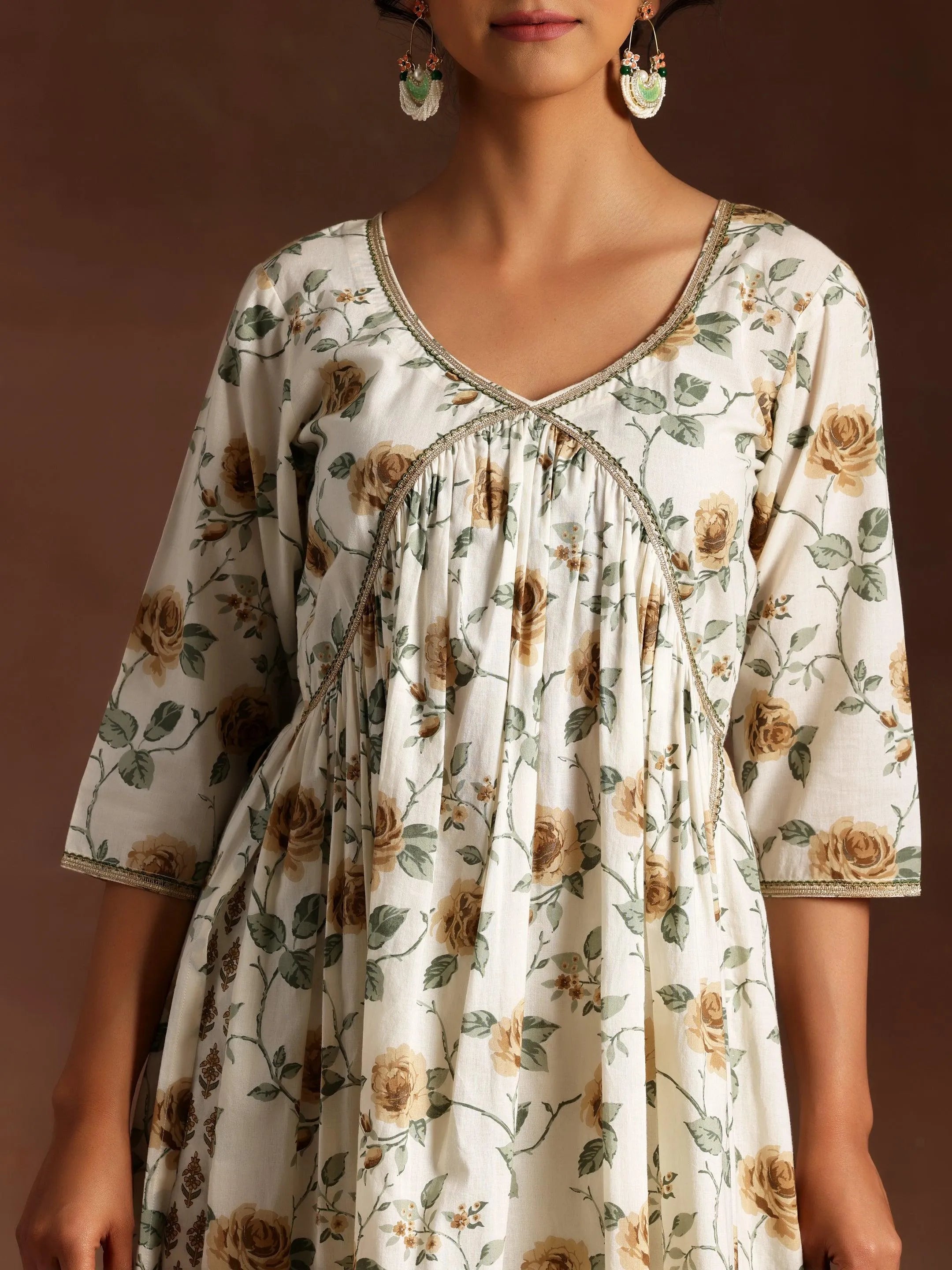 Off White Printed Cotton A-Line Kurta With Palazzos