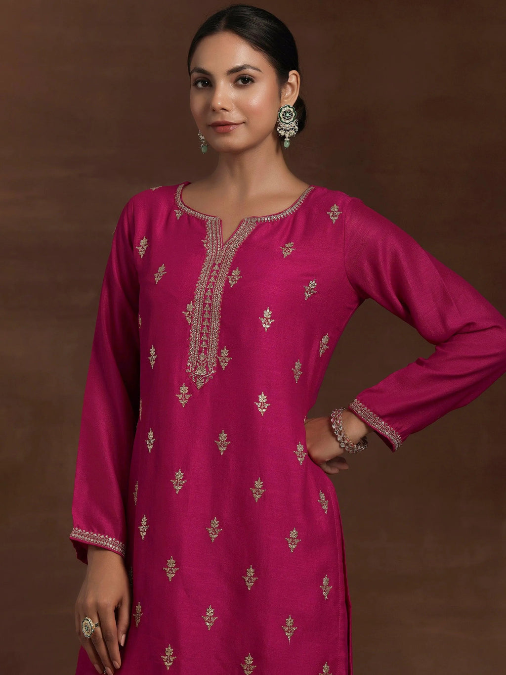 Pink Embroidered Silk Blend Straight Suit With Dupatta