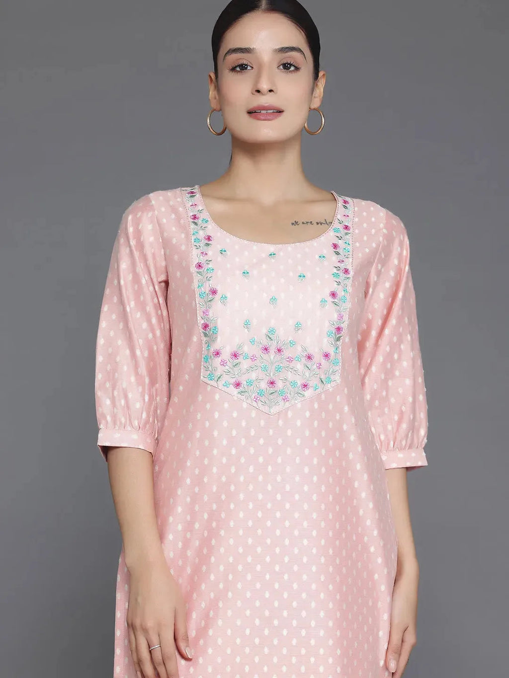 Peach Printed Chanderi Silk Straight Kurta Set